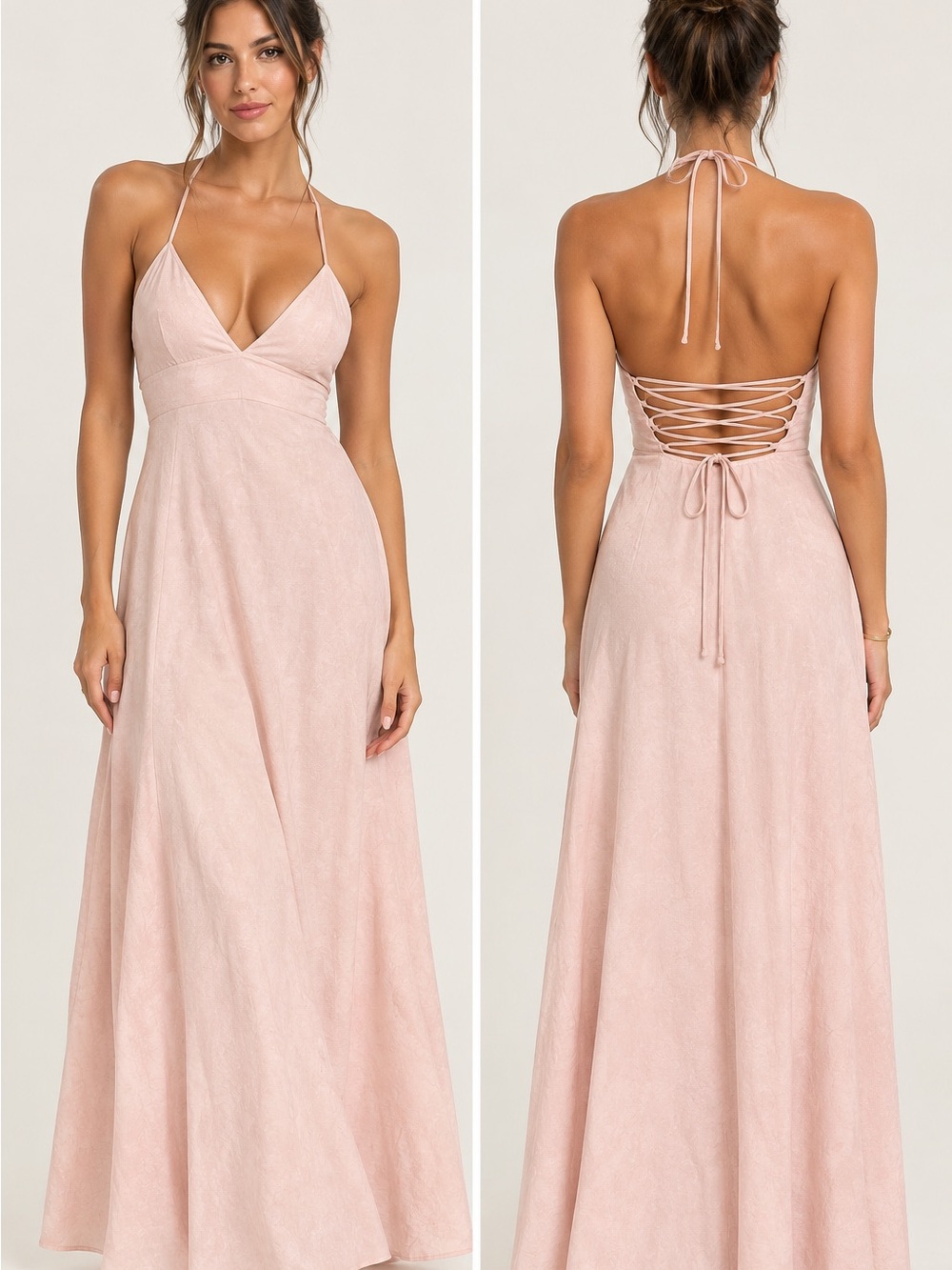 LULUS Blush Pink Chiffon Backless Lace Up Formal Maxi Dress S Coquette Cocktail